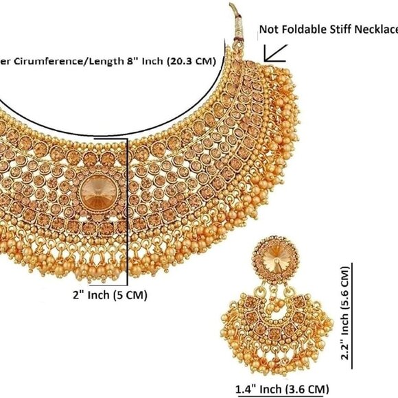 Indian Bridal Jewelry Set Copper Metal Faux Pearl Rhinestone Earrings - Picture 4 of 5